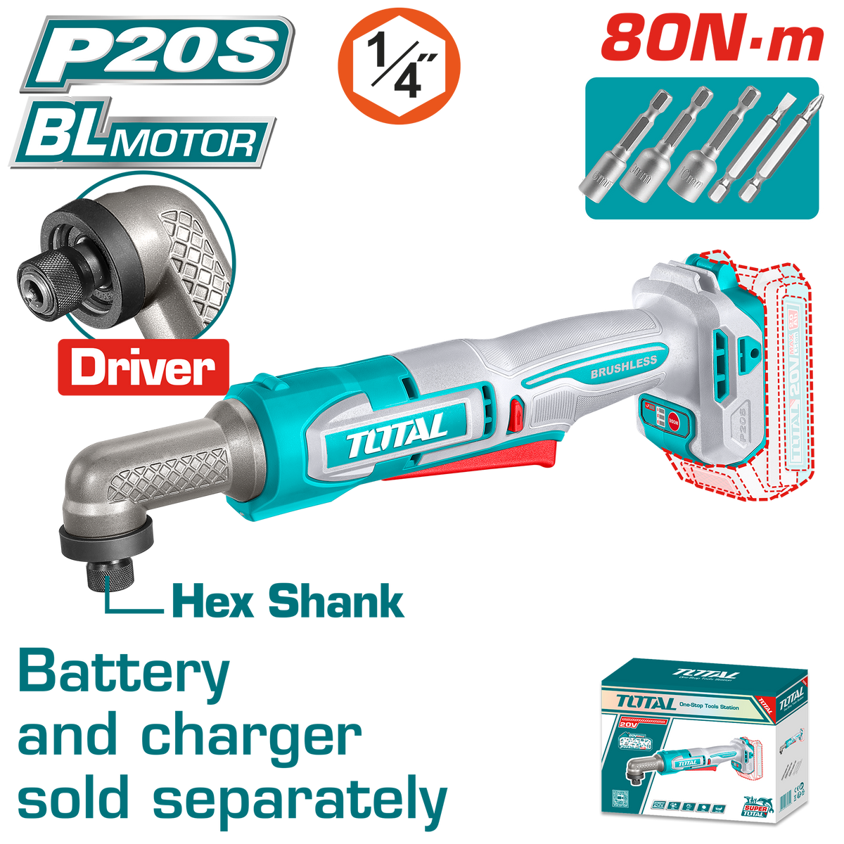 TOTAL 20V Cordless Angle Impact Driver Brushless – 80Nm Right Angle Design (TAIRLI2081)