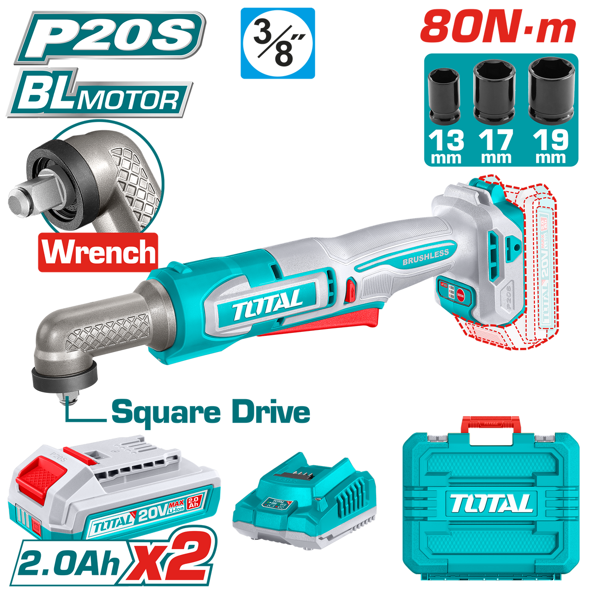 TOTAL Cordless Angle Impact Wrench 20V 80Nm – With Batteries & Carrying Case (TAIWLI208)