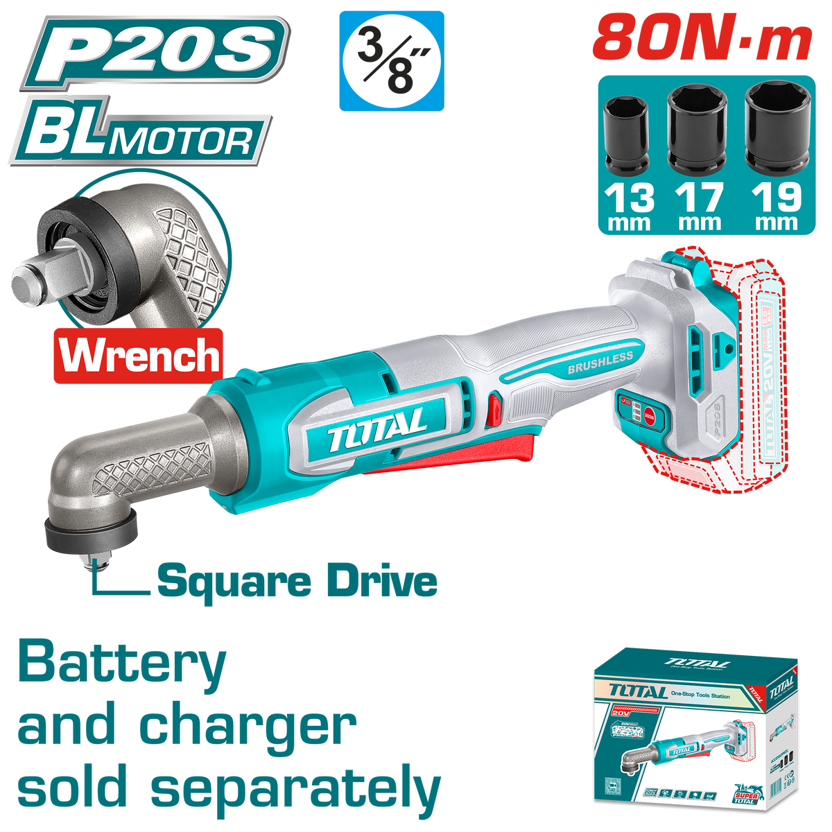 TOTAL 20V Cordless Angle Impact Wrench 3/8" Brushless – 80Nm Right Angle Design (TAIWLI2081)