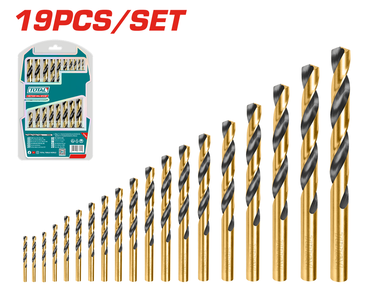 TOTAL 19 Pcs HSS Twist Drill Bits Set – 1mm to 10mm (TAKSDB9195)