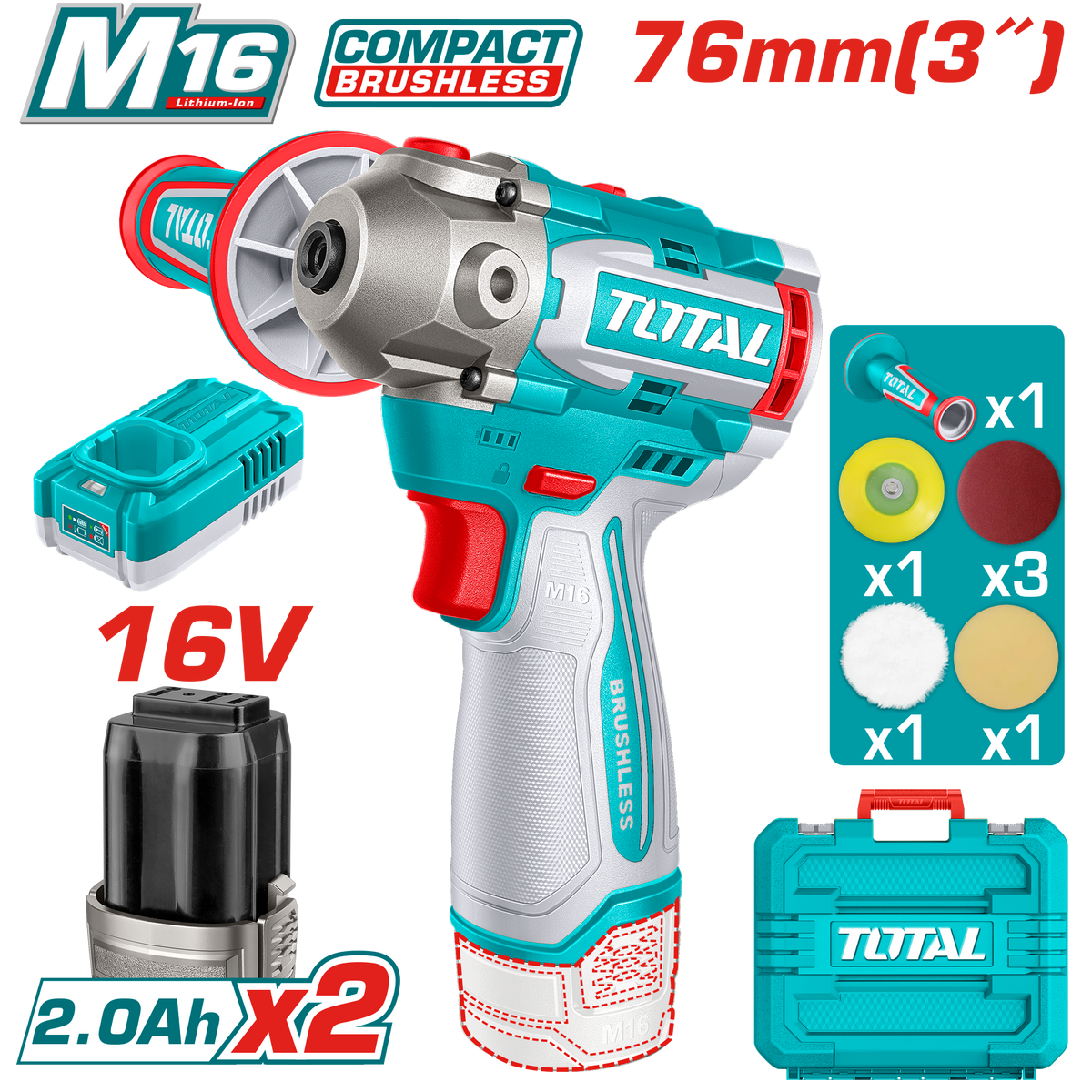 TOTAL Cordless Polisher – 16V Brushless, Variable Speed, 3" | 76mm Pad (TAPLI1676)