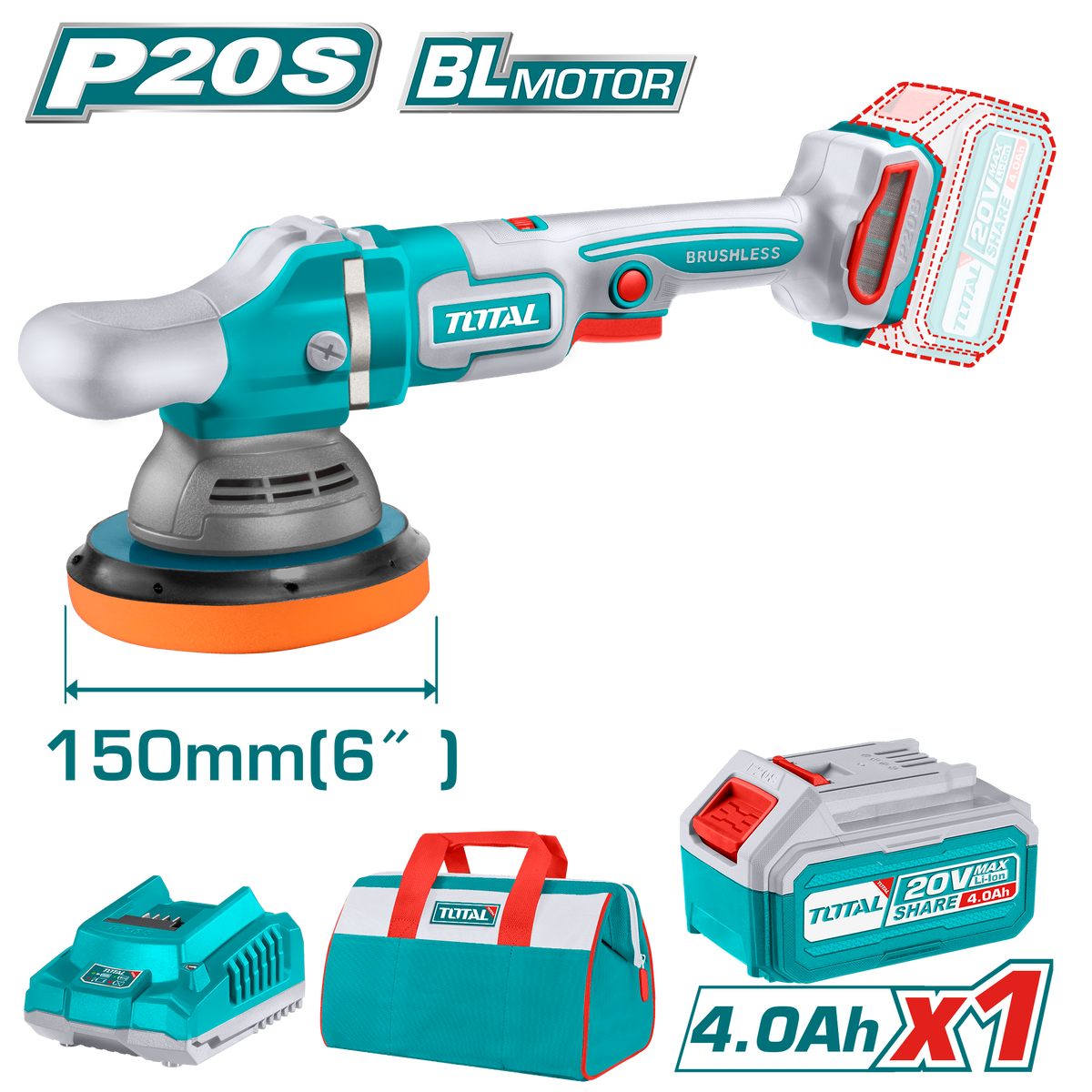 TOTAL Cordless Polisher Brushless Motor 20V - 150mm | 6" (TAPLI20151)