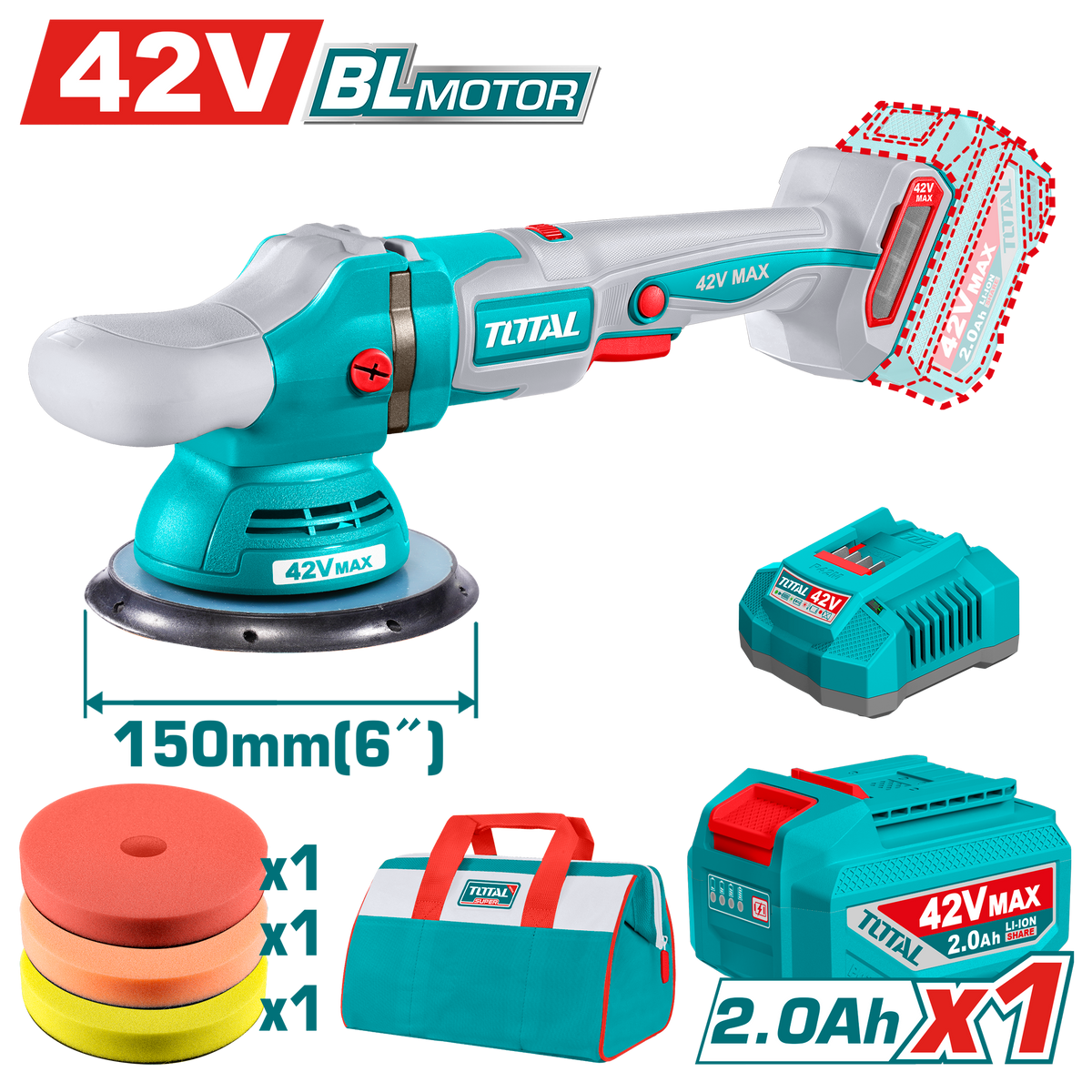 TOTAL Cordless Polisher 42V Brushless 150mm | 6" with Variable Speed & Accessories (TAPLI42151)