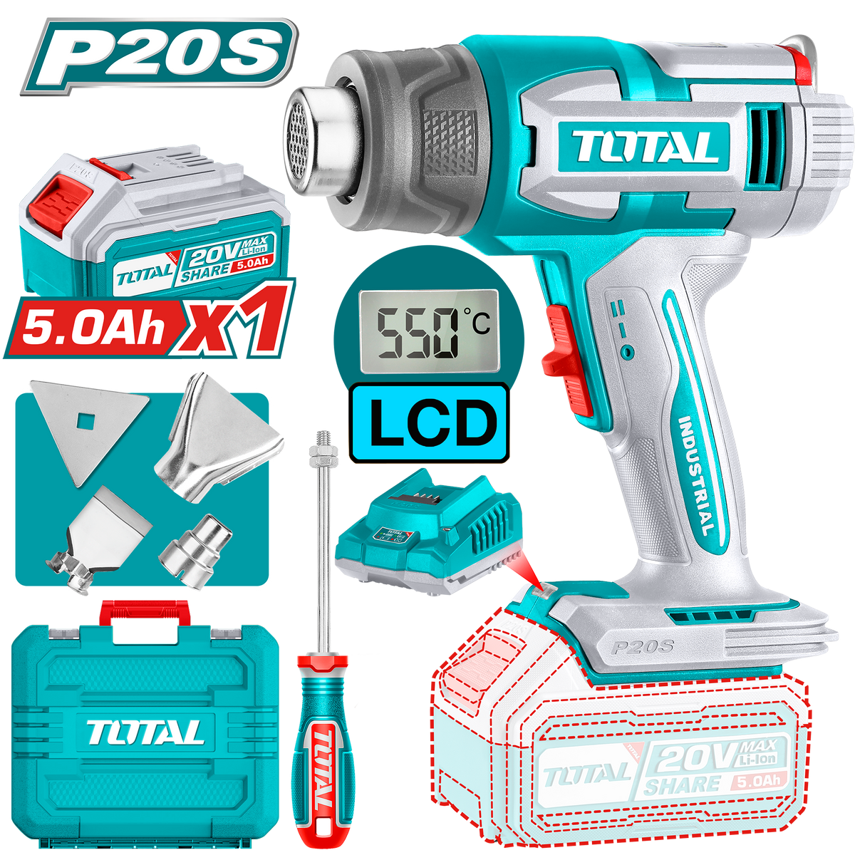 TOTAL Cordless Heat Gun 20V with LCD Display and Accessories (TBLI20035)