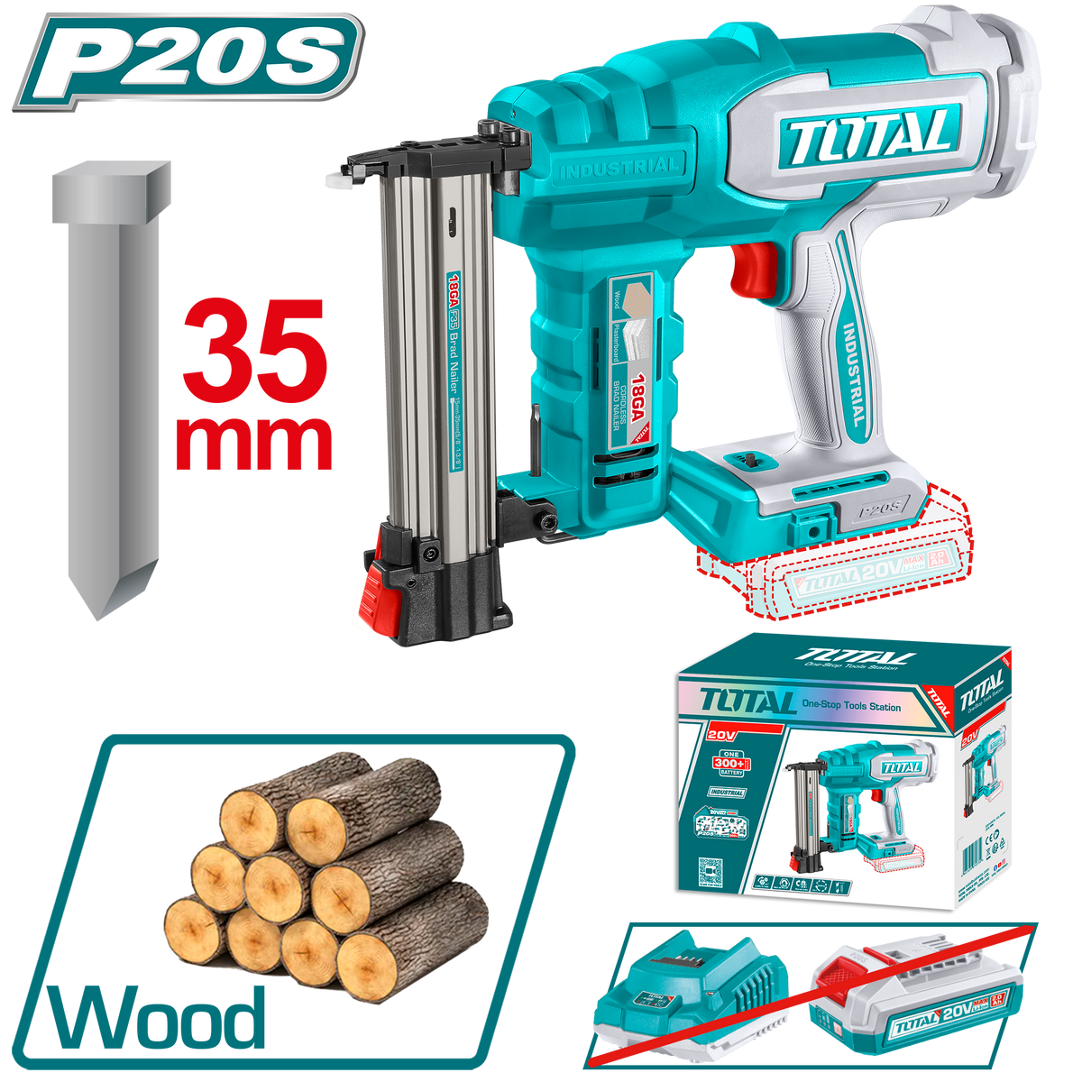 TOTAL Cordless Brad Nailer 20V – Battery Operated Finish Nailer - Battery & Charger Sold Separately (TCBNLI2005)