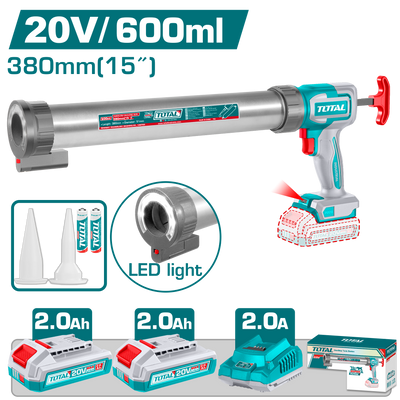 TOTAL 20V Cordless Caulking Gun 600ml – 2800N with 5-Speed Control, 2 Batteries & Charger (TCGLI20031)