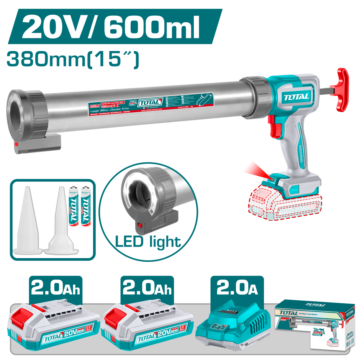 TOTAL 20V Cordless Caulking Gun 600ml – 2800N with 5-Speed Control, 2 Batteries & Charger (TCGLI20031)