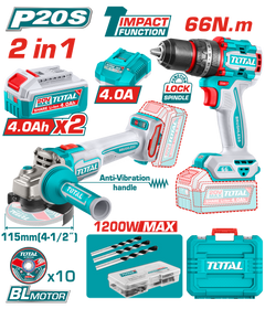 TOTAL 2 Pcs Cordless Combo Kit 20V – Brushless Drill & Angle Grinder Set (TCKLI20256)