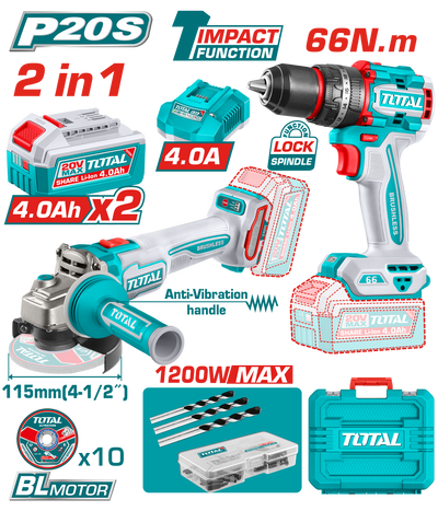TOTAL 2 Pcs Cordless Combo Kit 20V – Brushless Drill & Angle Grinder Set (TCKLI20256)