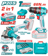 TOTAL 2 Pcs Cordless Combo Kit 20V – Brushless Drill & Angle Grinder Set (TCKLI20256)