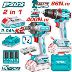 TOTAL 20V Combo Kit: Brushless Drill 66Nm & Wrench 400Nm