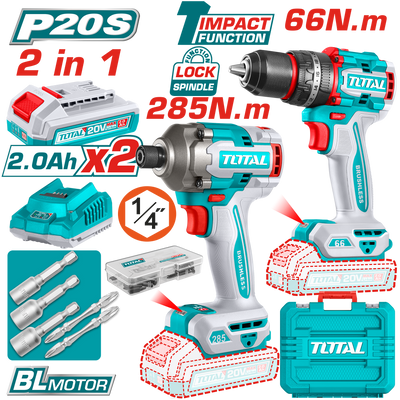 TOTAL 20V Cordless Drill & Impact Driver Kit | Brushless
