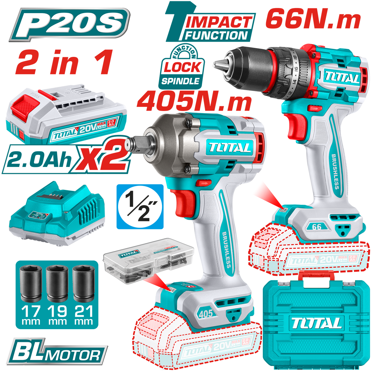 Total 20V 2-Piece Charging Kit - Brushless Drill & Impact Wrench with 2 Batteries (TCKLI20286)