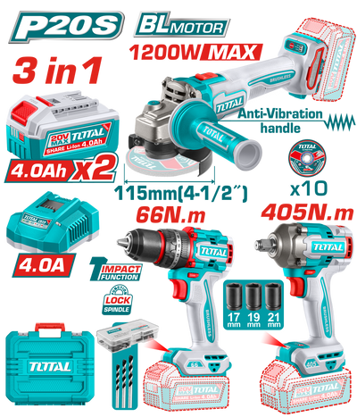 TOTAL 20V Cordless Combo Kit 3 Pcs Brushless – Angle Grinder + Impact Drill + Impact Wrench with Batteries (TCKLI20358)
