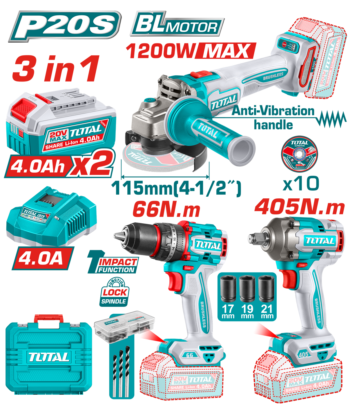 TOTAL 20V Cordless Combo Kit 3 Pcs Brushless – Angle Grinder + Impact Drill + Impact Wrench with Batteries (TCKLI20358)