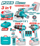 TOTAL 20V Cordless Combo Kit 3 Pcs Brushless – Angle Grinder + Impact Drill + Impact Wrench with Batteries (TCKLI20358)