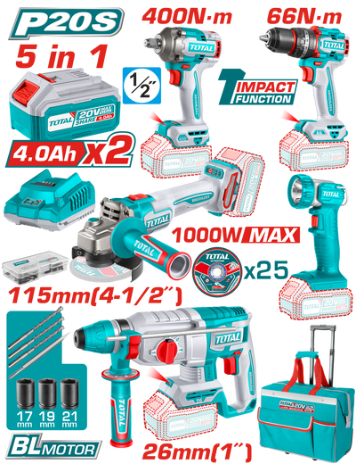 TOTAL Cordless 5 Pcs Industrial Combo Kit – 20V Brushless Power Tools (TCKLI20592)