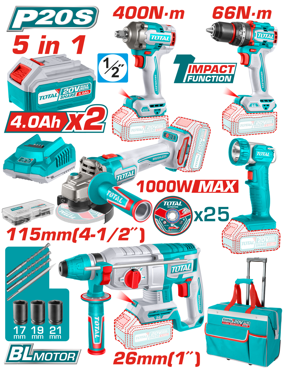 TOTAL Cordless 5 Pcs Industrial Combo Kit – 20V Brushless Power Tools (TCKLI20592)