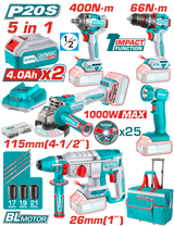 TOTAL Cordless 5 Pcs Industrial Combo Kit – 20V Brushless Power Tools (TCKLI20592)