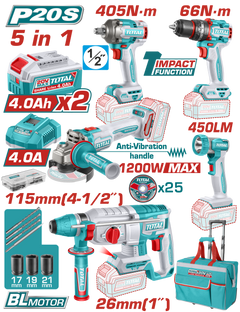 TOTAL 20V Cordless 5 Pcs Industrial Combo Kit – Brushless Impact Drill, Impact Wrench, Angle Grinder, Rotary Hammer & Work Lamp (TCKLI20595)