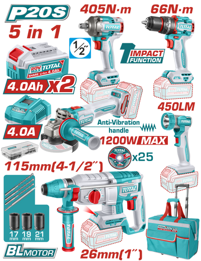 TOTAL 20V Cordless 5 Pcs Industrial Combo Kit – Brushless Impact Drill, Impact Wrench, Angle Grinder, Rotary Hammer & Work Lamp (TCKLI20595)