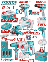 TOTAL 20V Cordless 5 Pcs Industrial Combo Kit – Brushless Impact Drill, Impact Wrench, Angle Grinder, Rotary Hammer & Work Lamp (TCKLI20595)