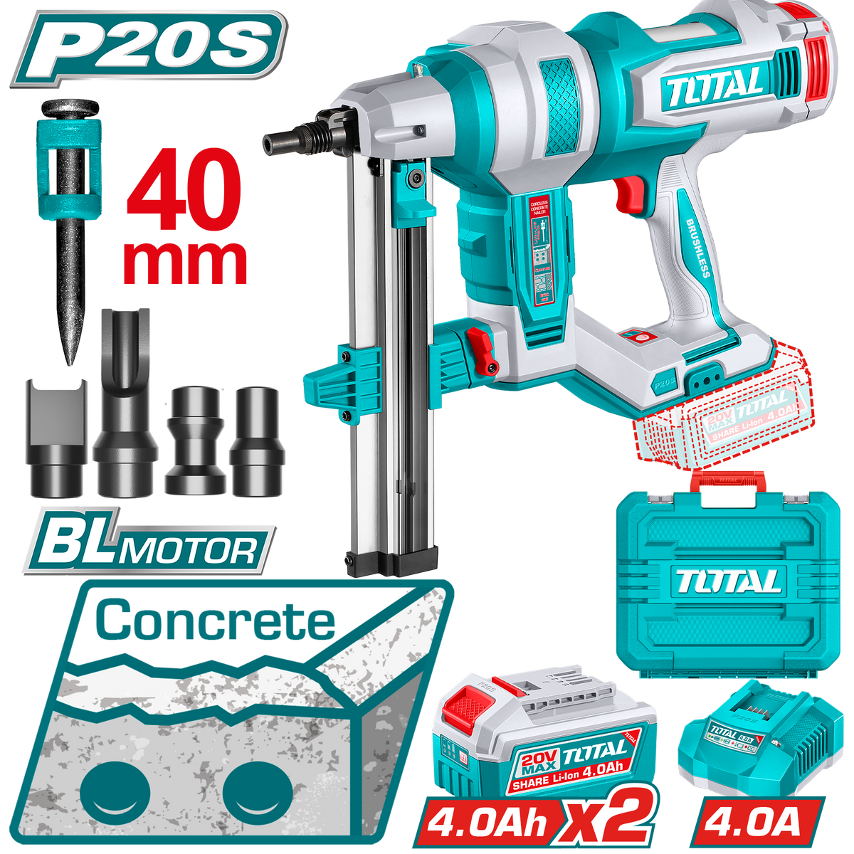 TOTAL Cordless Concrete Nailer – Brushless 20V with 2×4.0Ah Batteries (TCNLI9008)