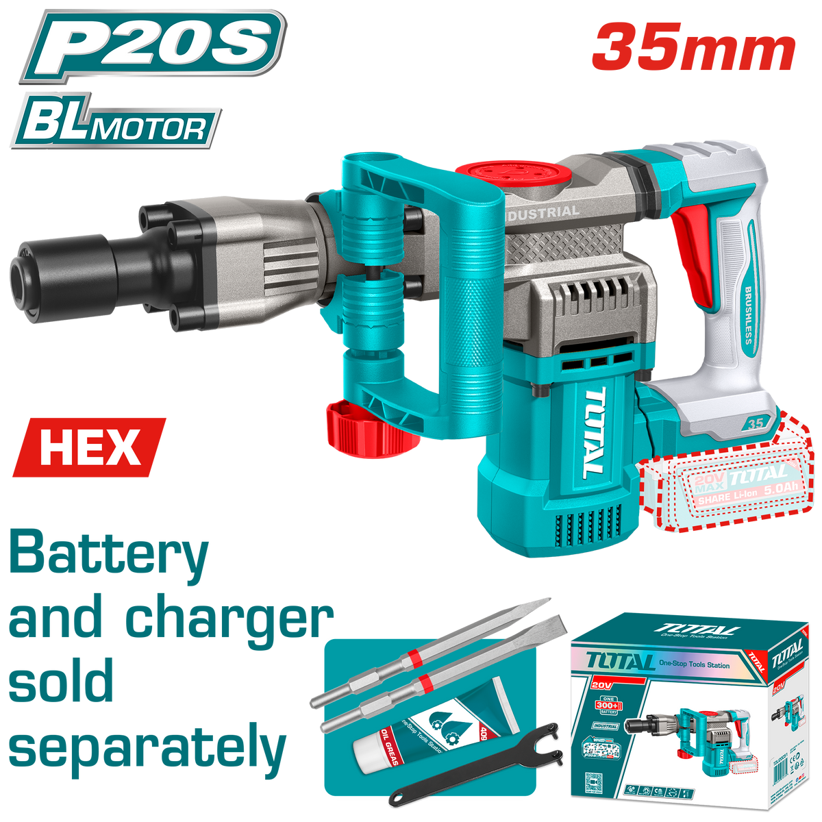 TOTAL Cordless Demolition Breaker 20V – 16J Brushless SDS HEX - Battery & Charger Sold Separately (TDBLI20358)