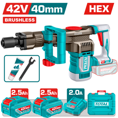 TOTAL 42V Brushless Cordless Demolition Breaker 20J – SDS HEX with 2 Batteries & Charger (TDBLI424062)