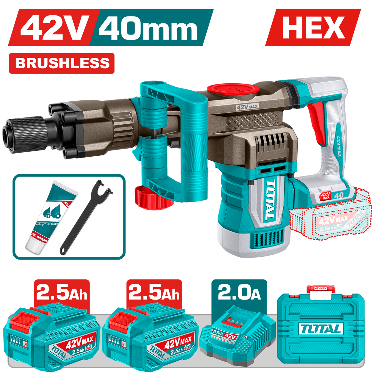 TOTAL 42V Brushless Cordless Demolition Breaker 20J – SDS HEX with 2 Batteries & Charger (TDBLI424062)