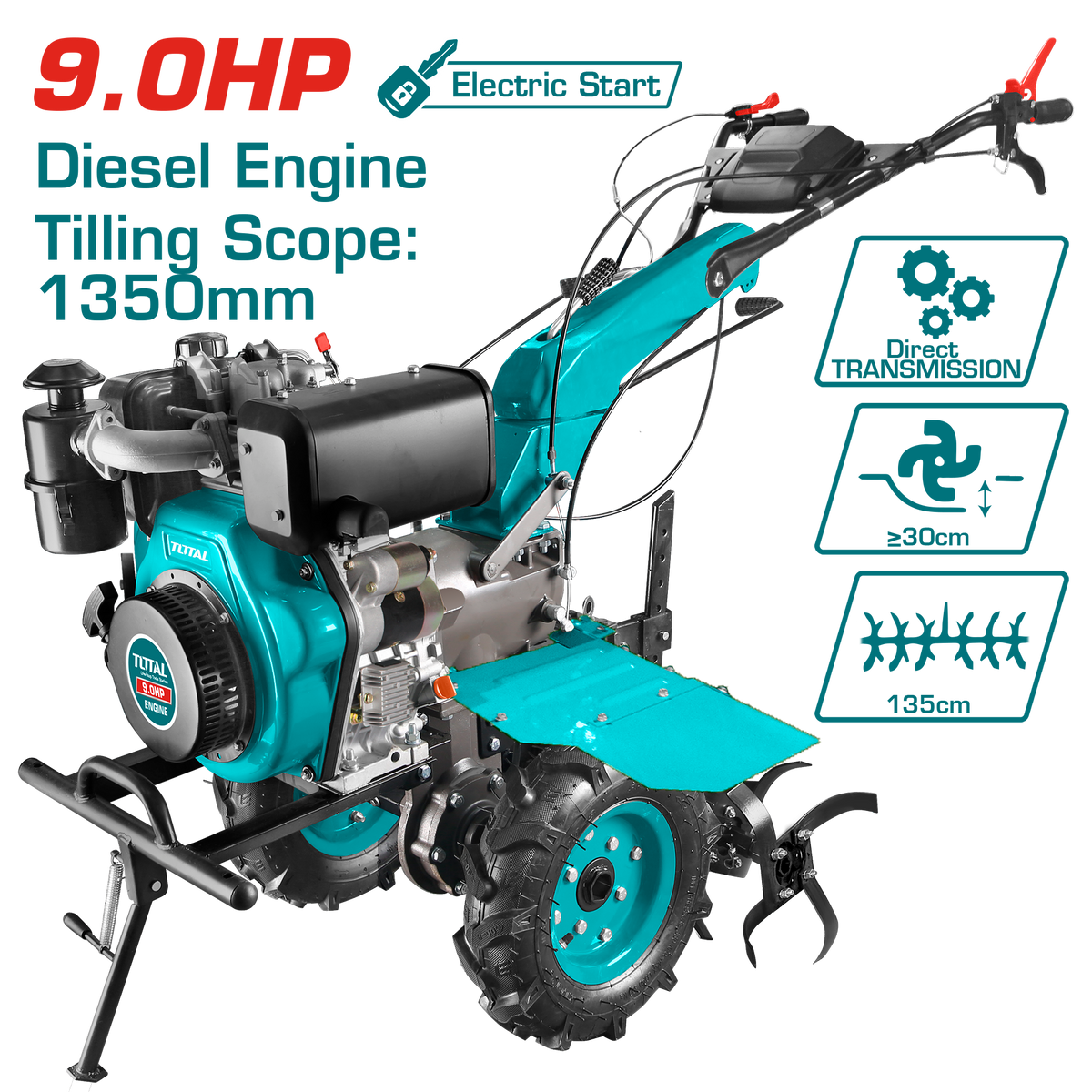 TOTAL Diesel Tiller – 9HP Gear-Driven Cultivator, Electric & Recoil Start (TDC13501D)