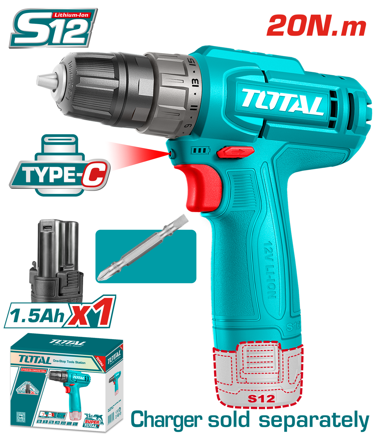 TOTAL Cordless Drill 12V Compact Electric Drill 20Nm (TDLI12456)