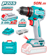 TOTAL 20V Compact Brushless Cordless Impact Drill 50Nm – With 2 Batteries & 47 Accessories (TDLI205062)