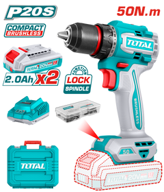 TOTAL 20V Compact Brushless Cordless Impact Drill 50Nm – With 2 Batteries & 47 Accessories (TDLI205062)