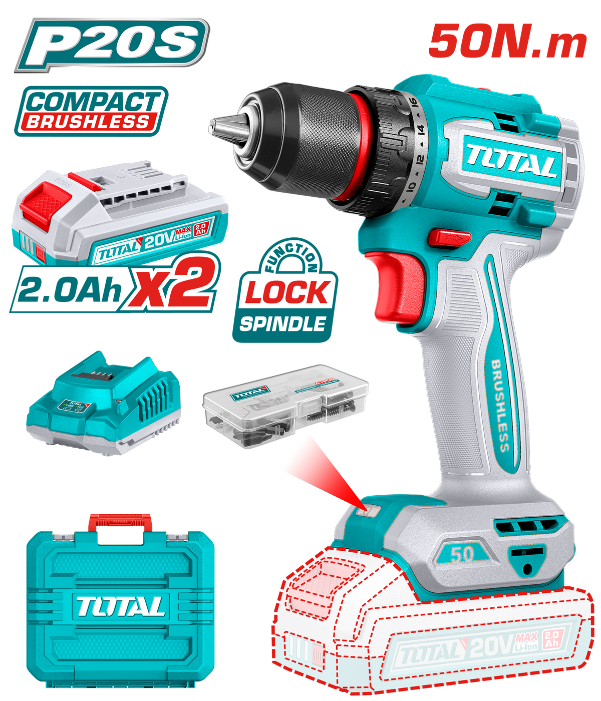 TOTAL 20V Compact Brushless Cordless Impact Drill 50Nm – With 2 Batteries & 47 Accessories (TDLI205062)
