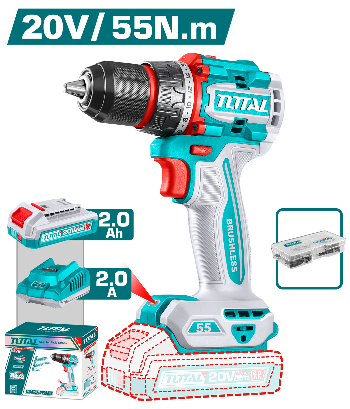 TOTAL 20V Compact Brushless Cordless Drill 55Nm – 13mm Metal Chuck with 47 Accessories & Battery (TDLI205582)