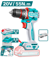 TOTAL 20V Compact Brushless Cordless Drill 55Nm – 13mm Metal Chuck with 47 Accessories & Battery (TDLI205582)