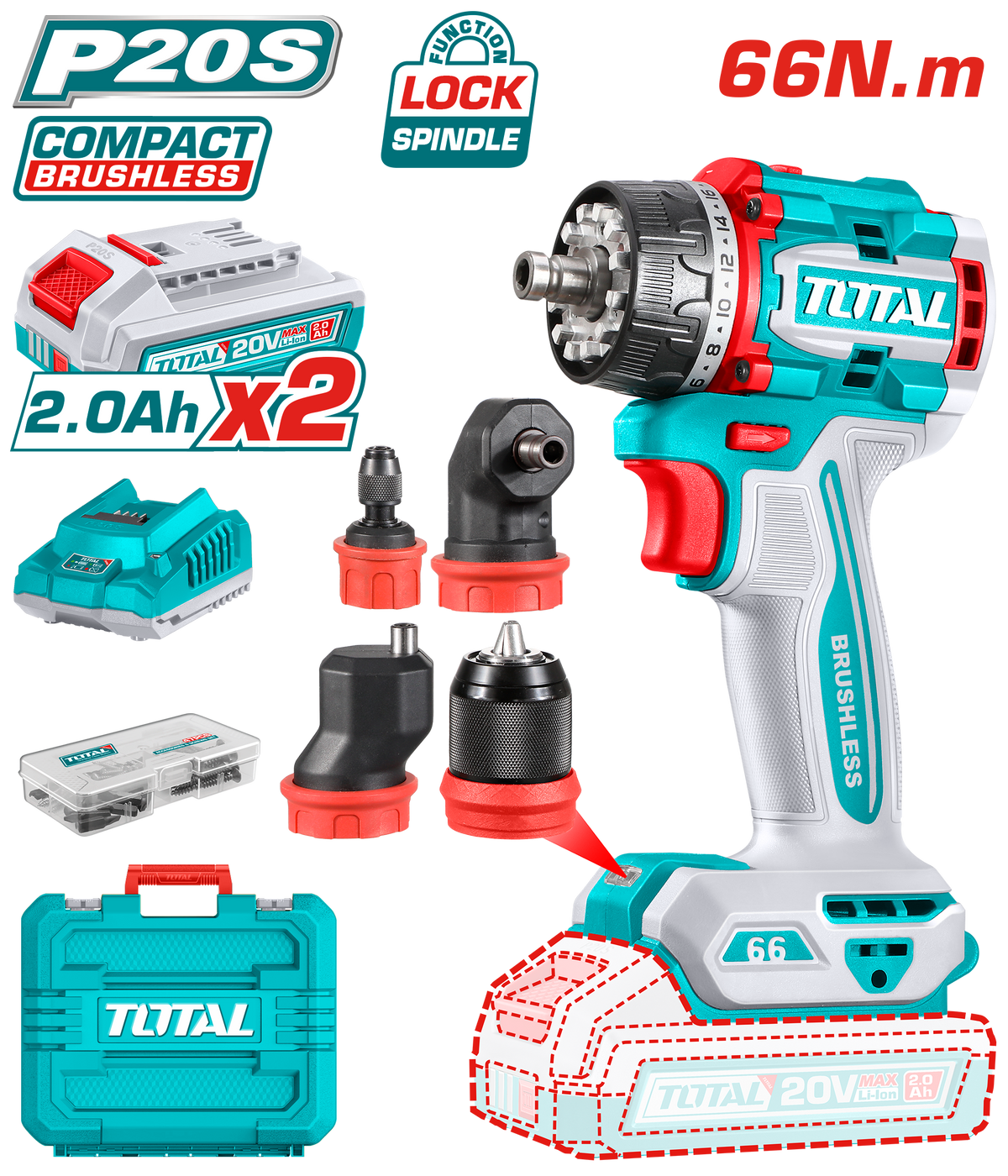 TOTAL 20V Brushless Cordless Multi-Head Drill Driver Kit – 66Nm with 4 Interchangeable Heads (TDLI206686)