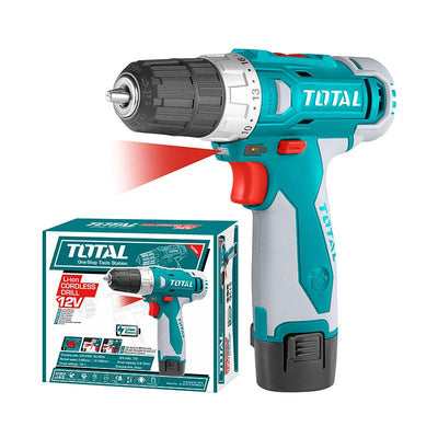 TOTAL Lithium-Ion cordless drill 12V 10mm. This product can be used with Plastic and Metal. Not for concrete and Stones
