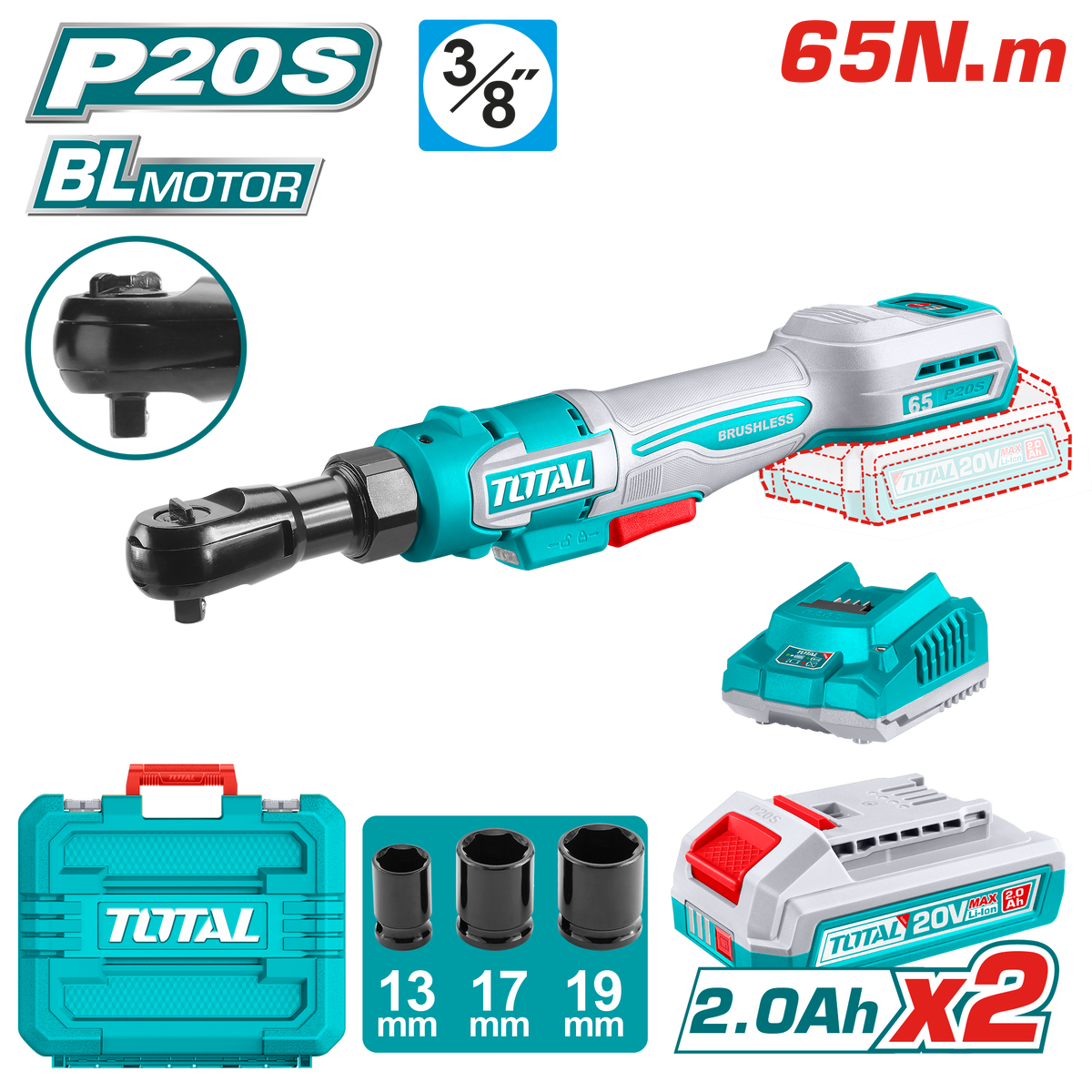 TOTAL 20V Cordless Drive Ratchet 65Nm – 3/8" With Batteries & Carrying Case (TDRLI20652)