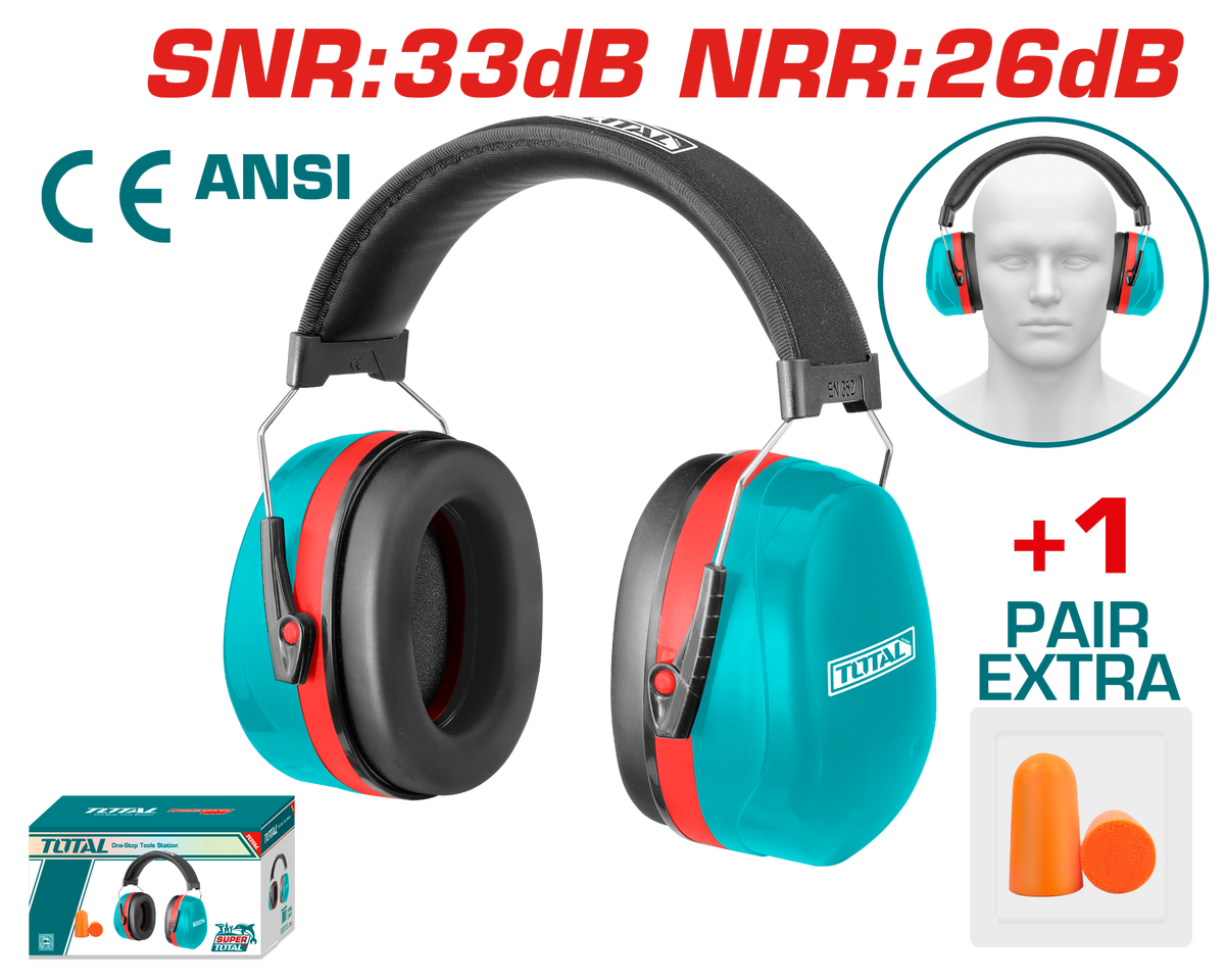 TOTAL Industrial Safety Earmuffs – 33dB SNR / 26dB NRR with Earplugs (TEM3328)