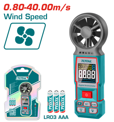 TOTAL Digital Anemometer – Air Speed Range 0.80–40.00 m/s, Backlight, Data Hold, Battery Included (TETAN031)