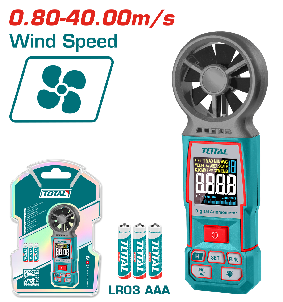 TOTAL Digital Anemometer – Air Speed Range 0.80–40.00 m/s, Backlight, Data Hold, Battery Included (TETAN031)