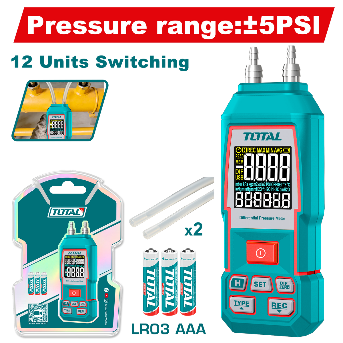 TOTAL Digital Differential Manometer ±5 PSI – Air Pressure Gauge with Backlit Display & 11 Measurement Units (TETGA032)