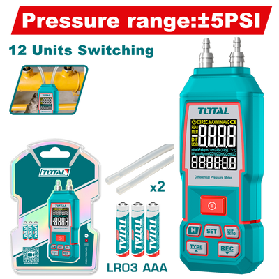 TOTAL Digital Differential Manometer ±5 PSI – Air Pressure Gauge with Backlit Display & 11 Measurement Units (TETGA032)