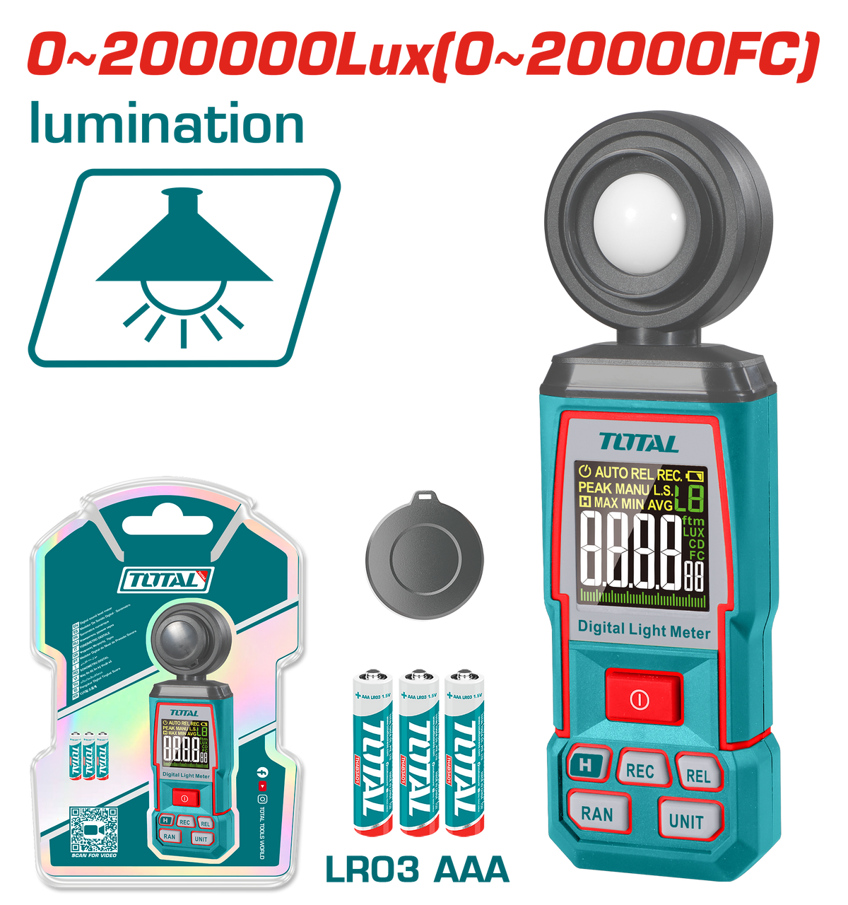 TOTAL Digital Light Luxmeter – 0~200,000 Lux Range, High Accuracy, Wide Spectral Response (TETLU031)