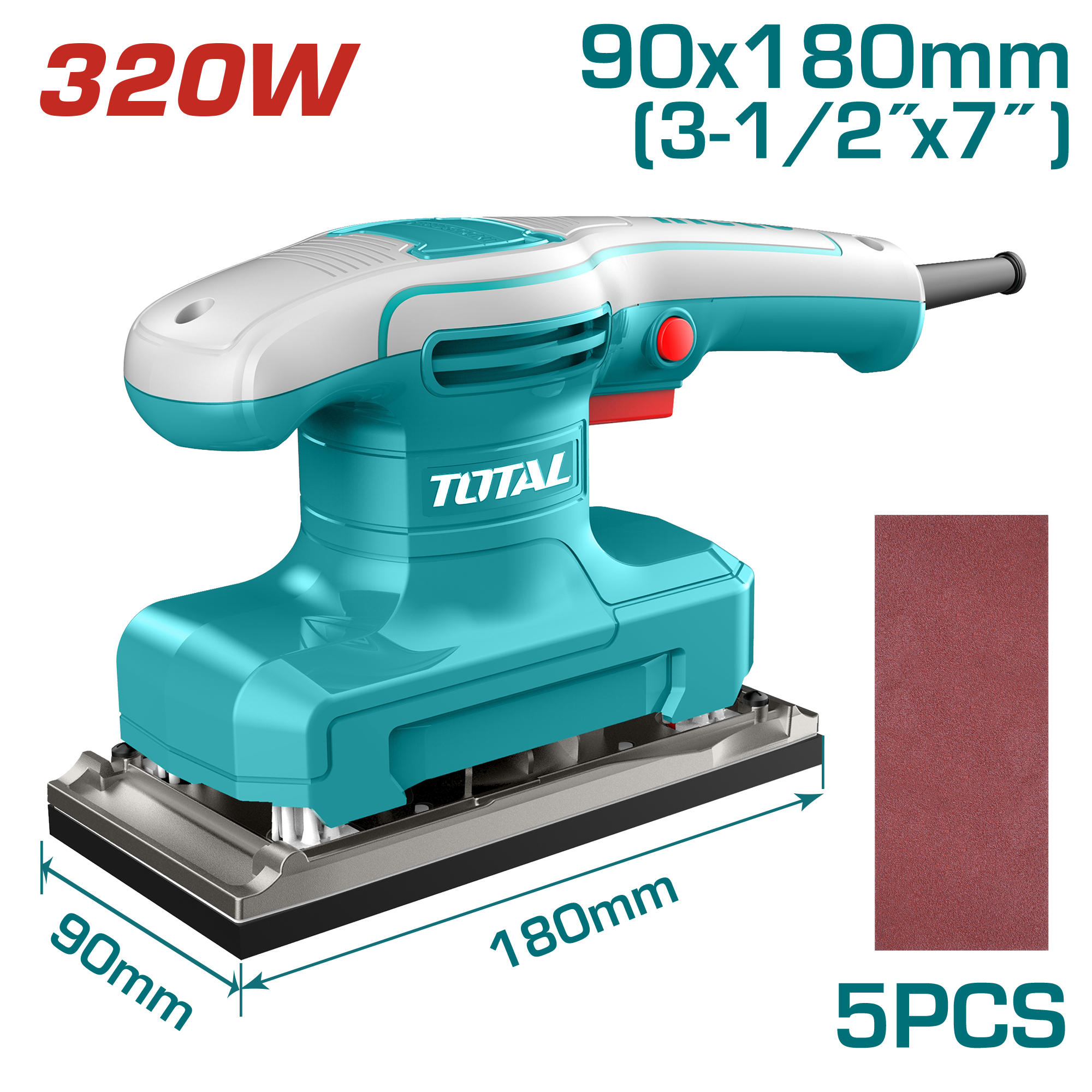 TOTAL 320W Finishing Sander – 90×180mm Aluminum Base