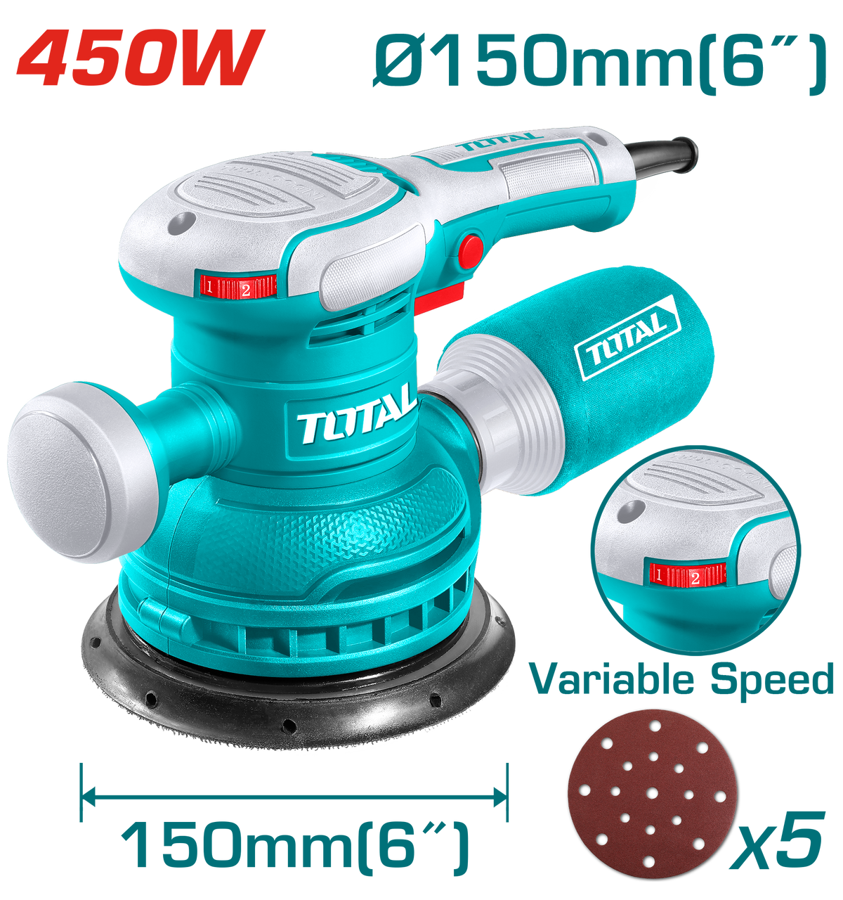 TOTAL Electric Rotary Sander with Variable Speed 450W - 150mm | 6" (TF2061506)