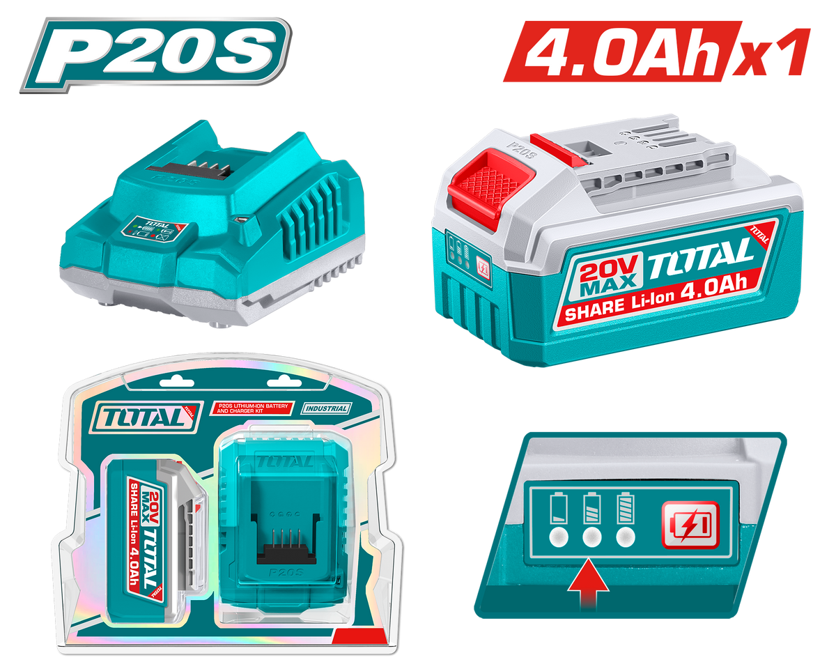TOTAL P20S Lithium-Ion 4.0Ah Battery and Charger Kit – 20V (TFBCPK1012)