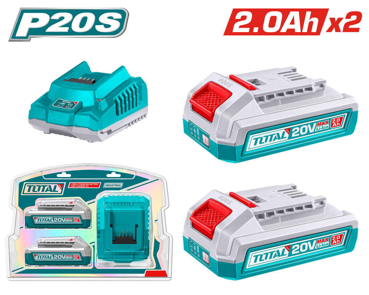 TOTAL P20S Lithium-Ion 20V Battery and Charger Kit – 2 Batteries 2.0Ah + 1 Charger (TFBCPK2212)